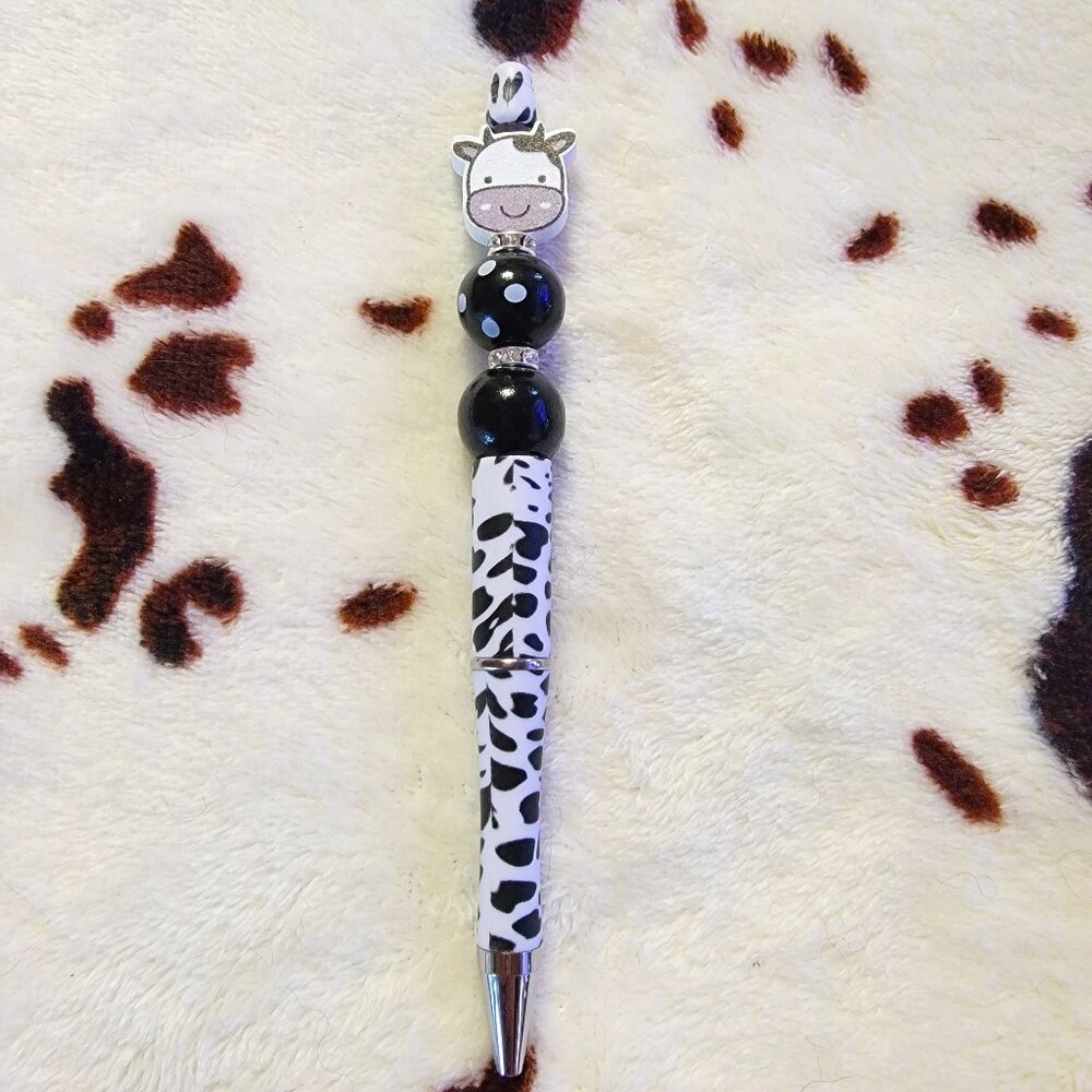 Black Animal Print Cow Custom Made Rhinestone Wood Beaded Ink Pen